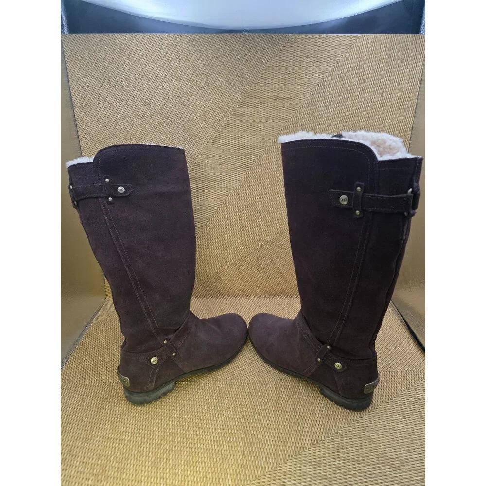 Ugg Brown Suede Leather Tall Zip Boots With Shearling Lining LogoSize 5 Womens‎